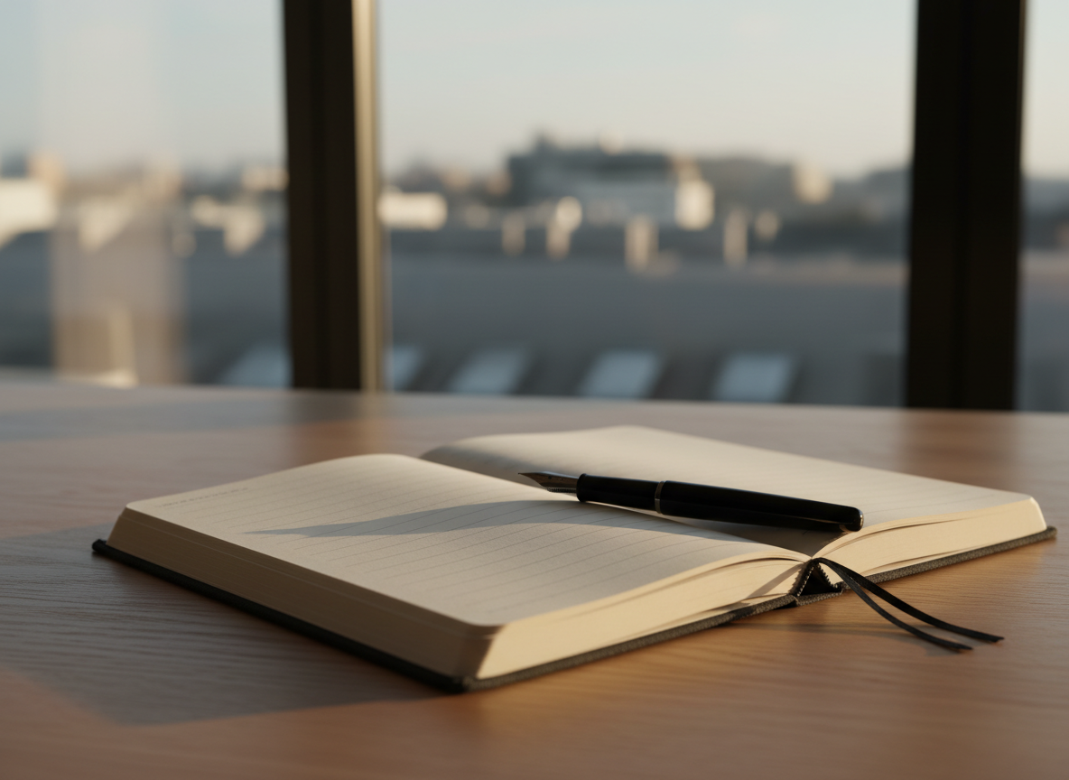 A sleek, hardcover journal with a linen-textured charcoal cover lies open on a smooth oak desk, its crisp cream pages filled with neatly spaced blank lines. Beside it, a fine black fountain pen rests diagonally, its metal nib catching the light. In the background, a softly blurred window reveals the faint outline of city rooftops, suggesting an ambitious, urban life. Late afternoon natural light pours in, creating gentle, elongated shadows and a calm, contemplative atmosphere. Photographic realism, shot at eye level with a shallow depth of field, emphasizing the journal as a symbol of nervous-system-safe planning and intentional life design, with a sophisticated, minimalist aesthetic and muted, soothing colors.