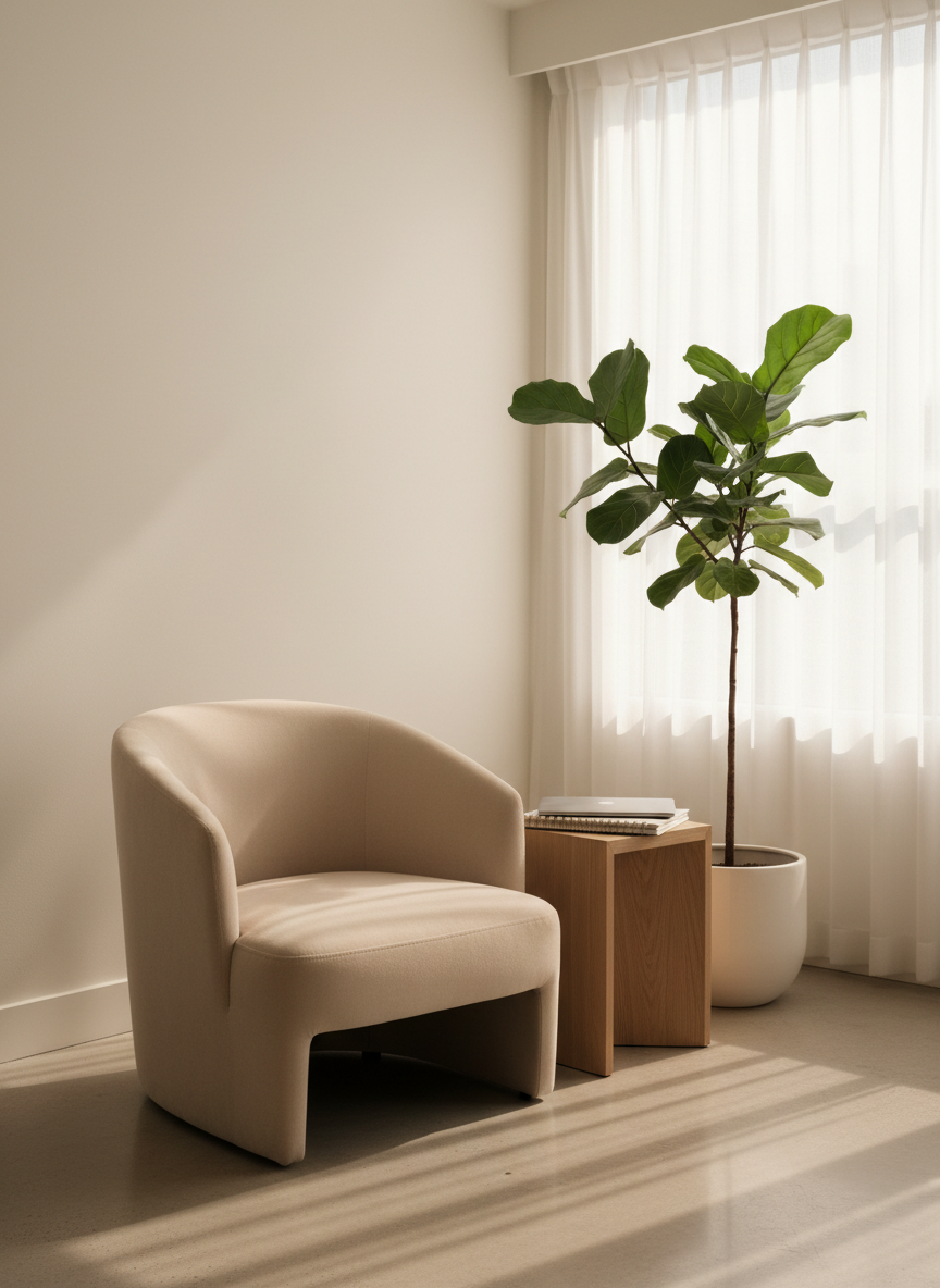 A minimal, sunlit corner of a modern living space, featuring a low, sand-colored boucle armchair with an elegantly curved back, a pale oak side table, and a single tall, leafy plant in a matte ceramic pot. On the table, a closed silver laptop and a thick, cream-colored planner are neatly stacked, suggesting focused, high-level life and leadership coaching work distinct from clinical settings. Morning light diffuses through sheer white curtains, casting soft, calming shadows. Photographic realism, composed with the rule of thirds and generous negative space, creating a serene, sophisticated mood that invites reflection and grounded ambition while evoking nervous system ease.
