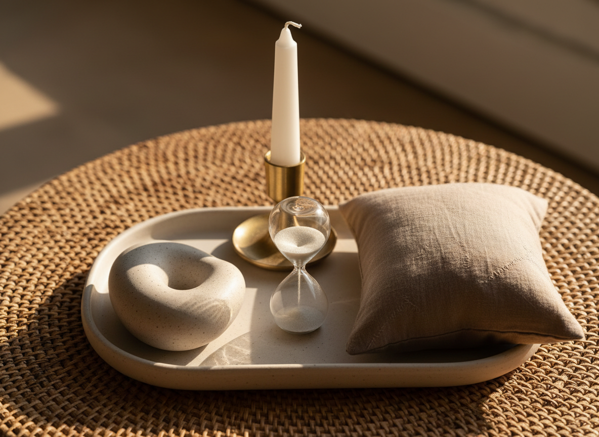 A close-up, overhead view of a carefully curated "nervous system sanctuary" tray on a woven rattan surface: a small sand hourglass mid-flow, a weighted, stone-like ceramic object shaped for the palm, a neatly folded linen eye pillow in soft taupe, and a single white taper candle in a minimalist brass holder, unlit. The color palette is warm neutrals and soft whites. Late golden-hour sunlight filters across the scene, highlighting gentle textures and casting elongated, soothing shadows. Photographic realism, with a shallow depth of field that keeps the central objects sharply in focus, creating an intimate, sophisticated mood of grounded calm and embodied self-regulation.